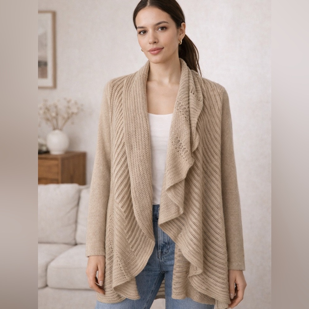 Lucky Brand Cardigan Sweater Open Front Shawl Collar Cozy Beige Medium
